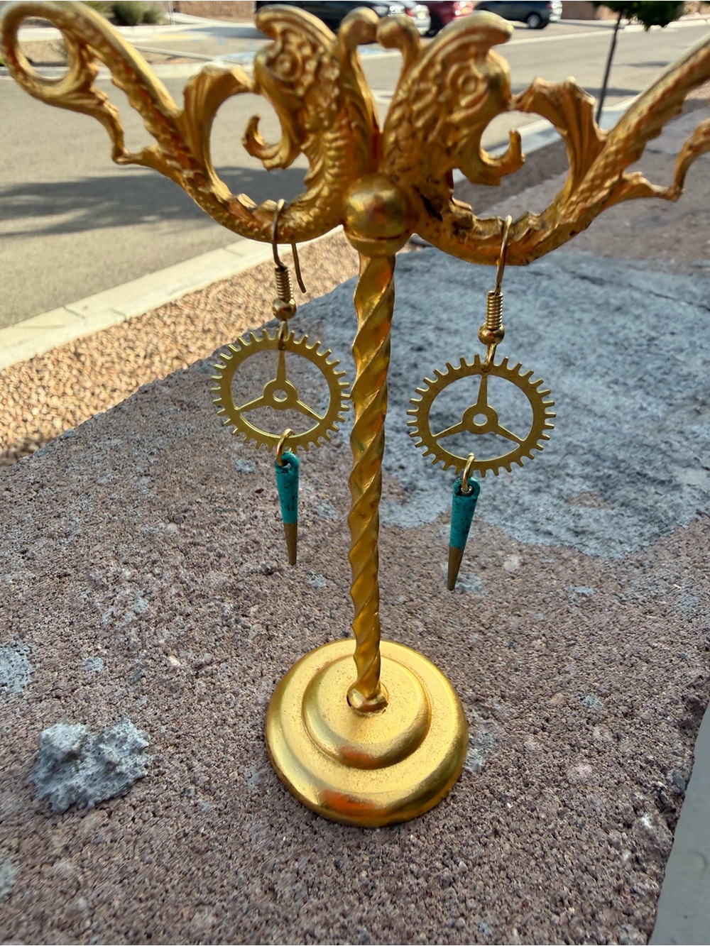 Brass Gear & Turquoise Dangle Earrings Steampunk Boho